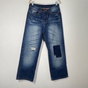 Ewa I Walla Jeans Women S Blue Wide Leg Distressed Patchwork Paint Button Fly